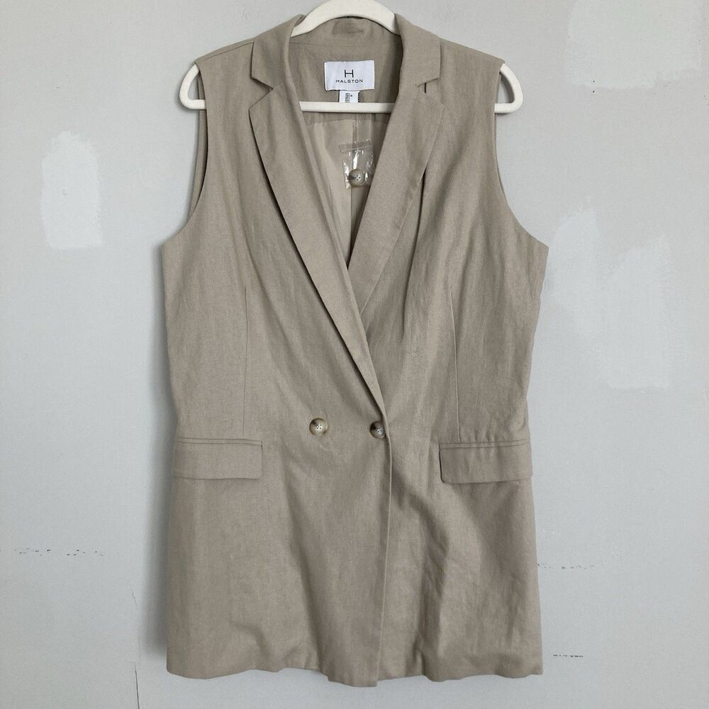 NWT Halston Sleeveless Blazer Topper Jacket LARGE Vest Linen Beige Career Office